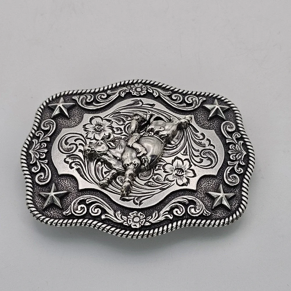 Nocona Western‎ Belt Buckle Bull Rider Rope Edge Rectangular Silver Tone Stars